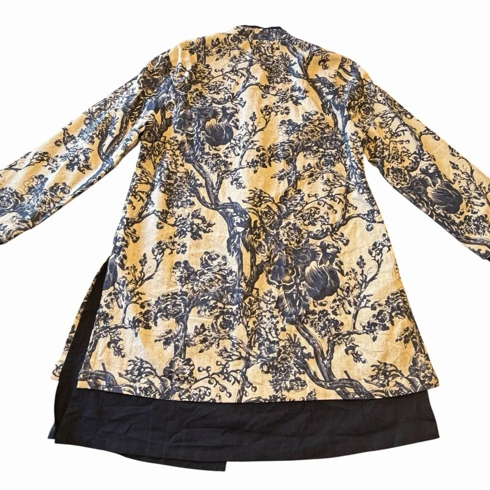 Soft Surroundings Empress Blue Floral Mandarin Style Jacket Tunic Linen Small